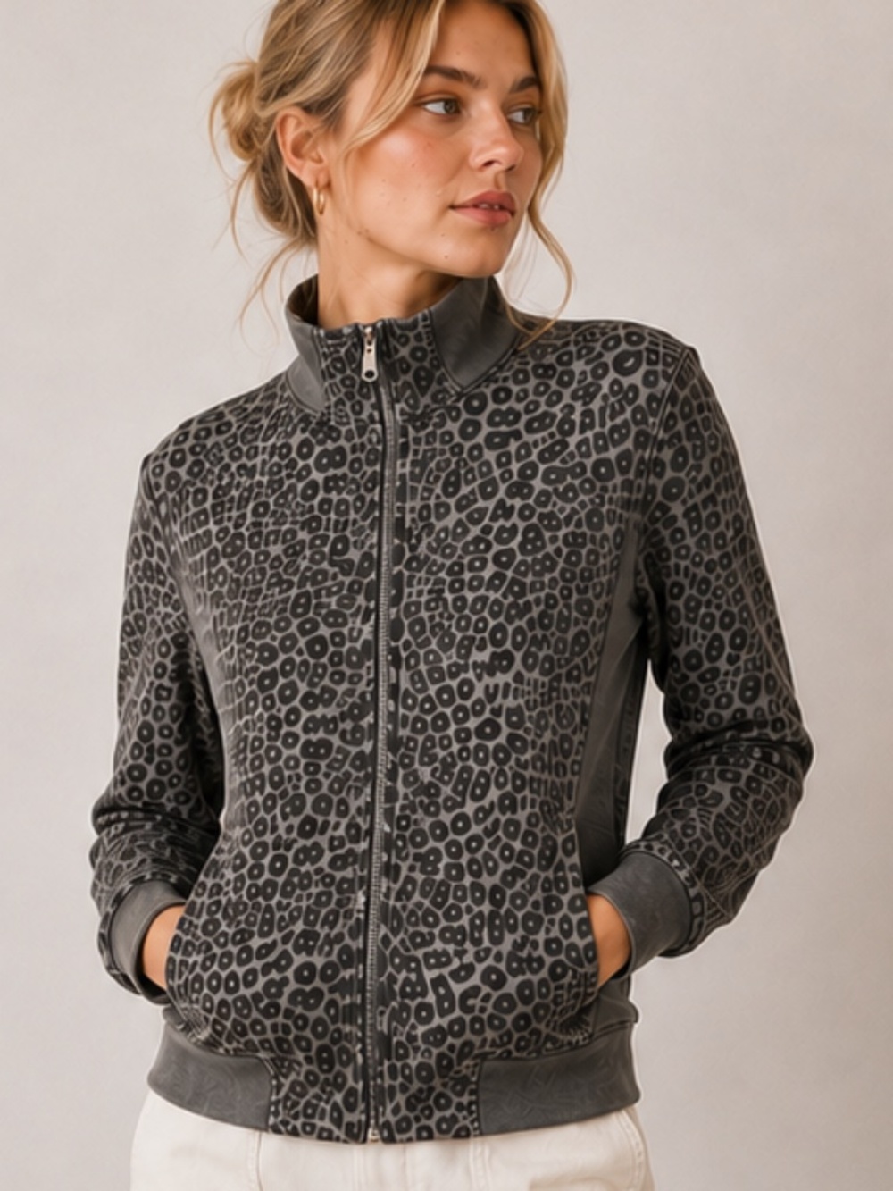 ANTHROPOLOGIE Marrakech Bernadetta Gray Leopard Print Moto Track Jacket Size S